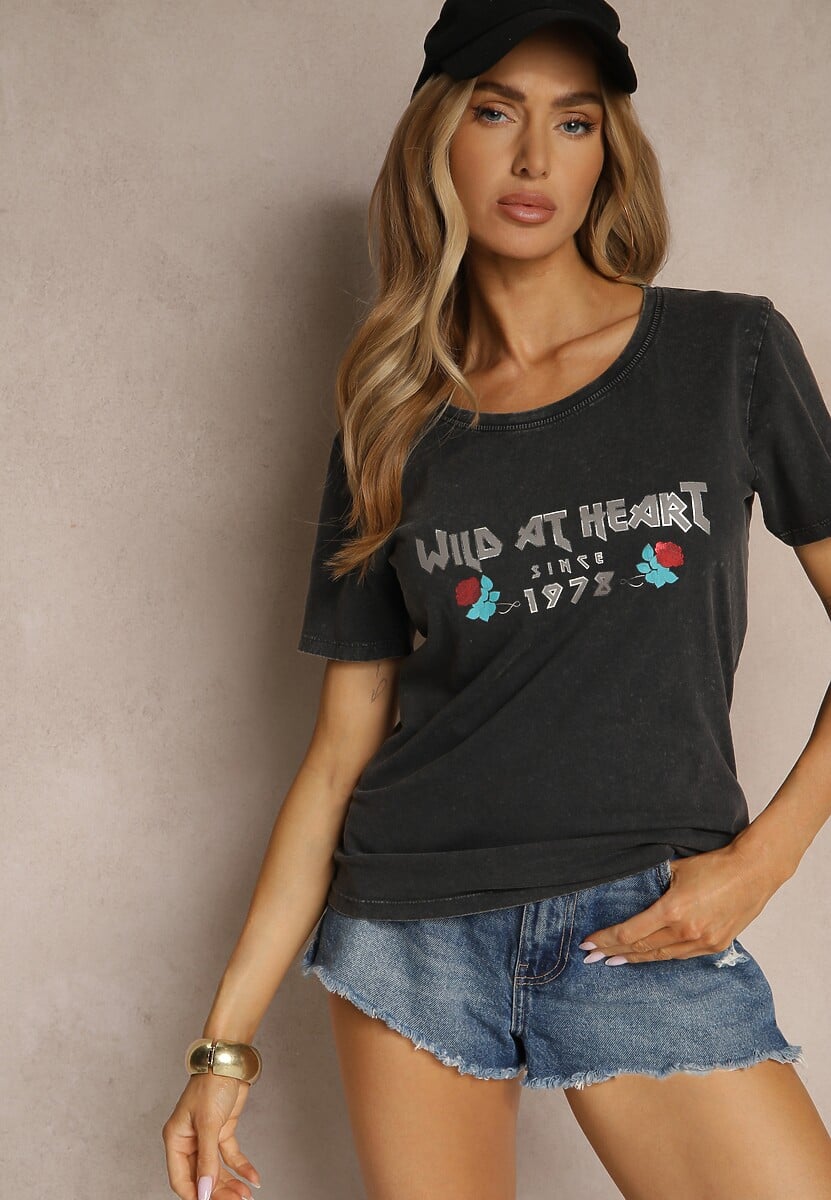 Czarny T-shirt z Bawełny Ozdobiony Nadrukiem Savetelle