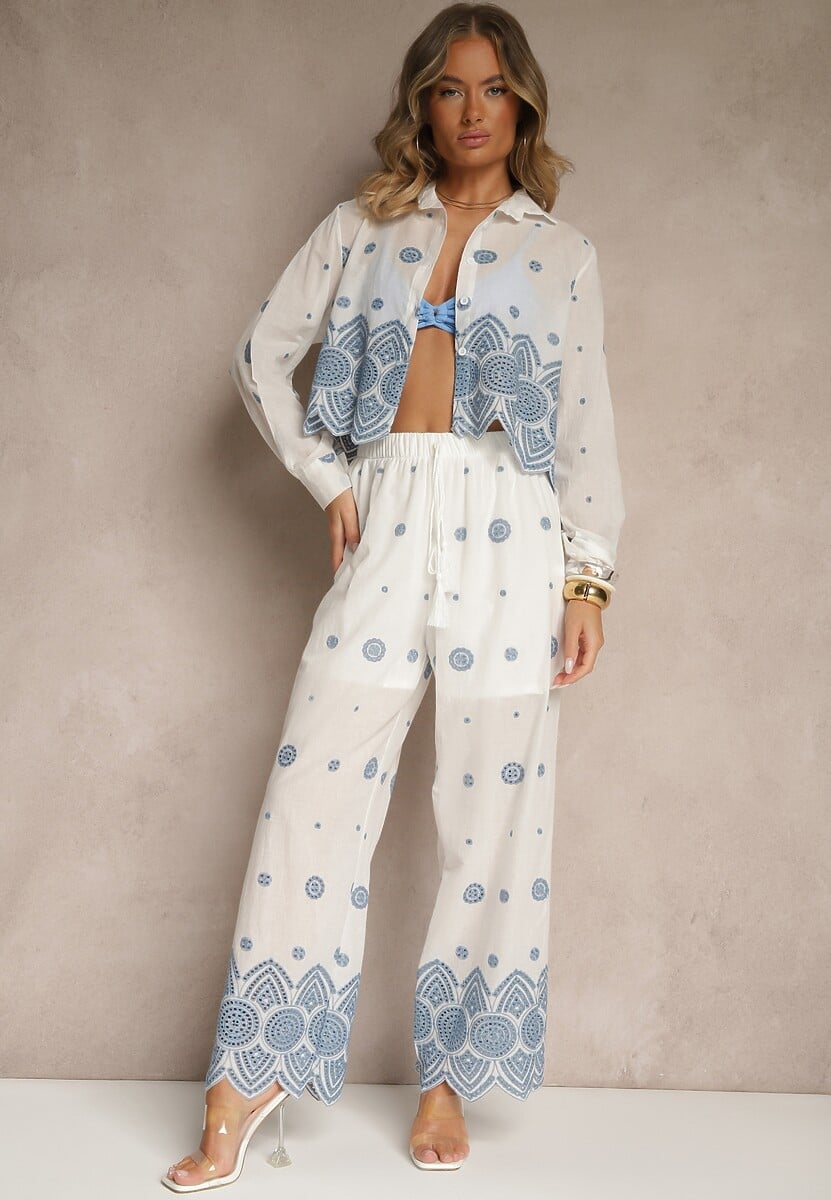 Biały Komplet z Bawełny Zdobiony Haftem Koszula i Spodnie Savirice