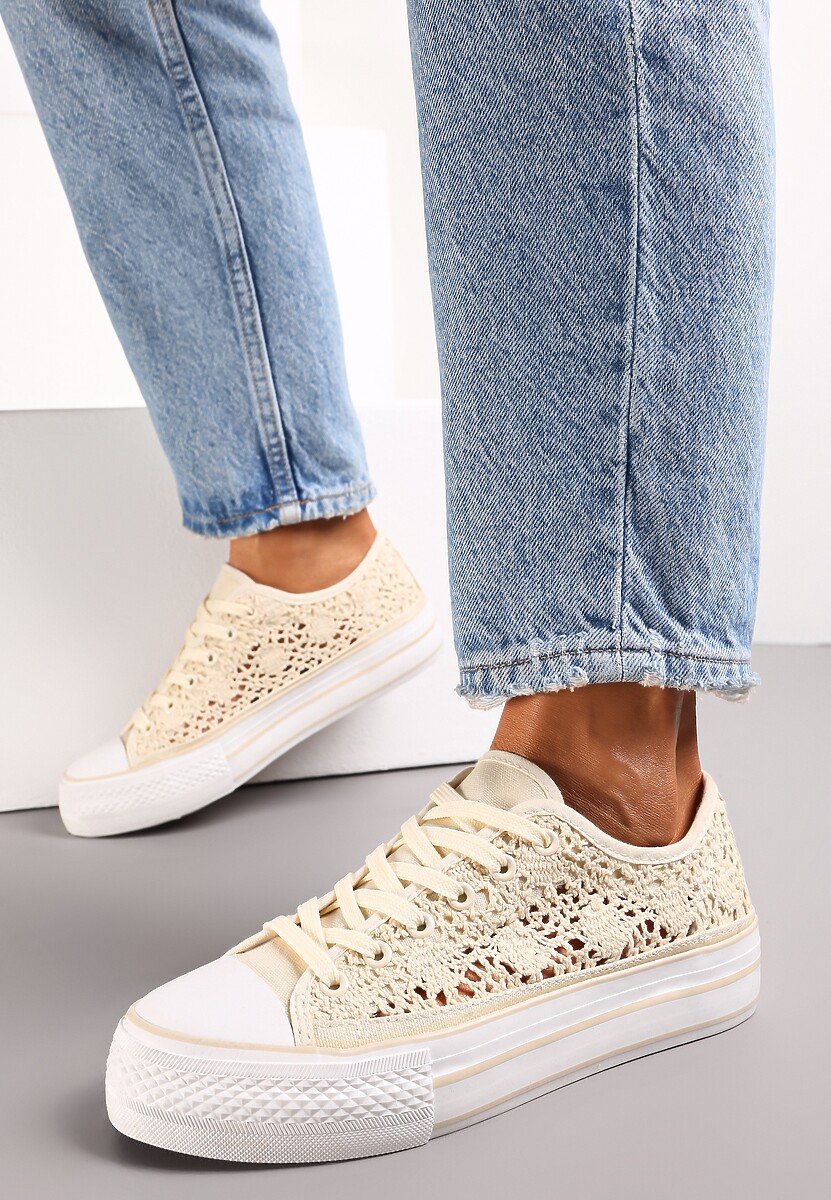 Beżowe Trampki Przed Kostkę z Ażurową Cholewką Shiliarre