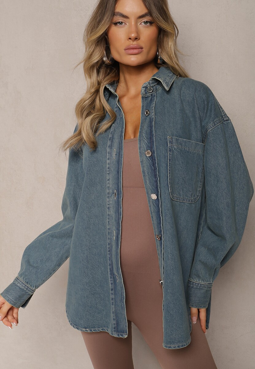 Granatowa Bawełniana Koszula Jeansowa o Klasycznym Fasonie Sigtra