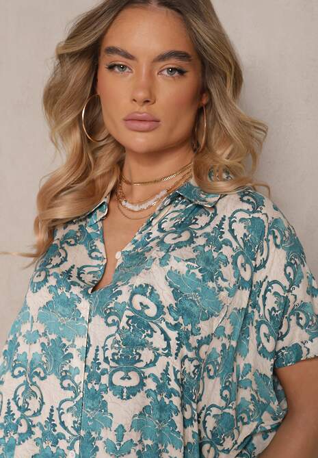 Jasnoniebieska Wiskozowa Sukienka o Koszulowym Kroju w Ornamentalny Wzór Inisaria