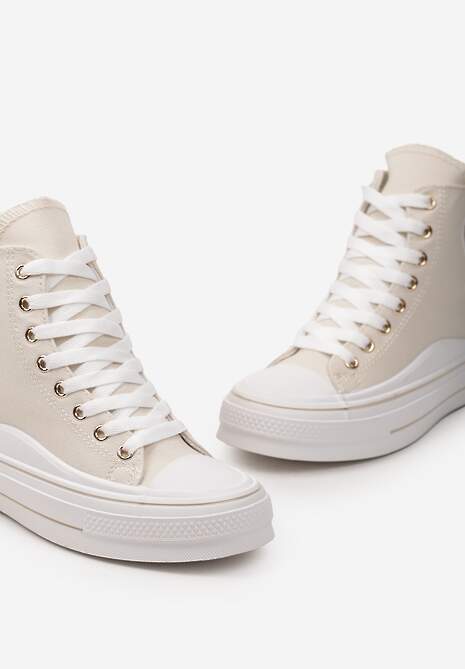 Beżowe Trampki za Kostkę na Niskiej Platformie z Brokatową Ozdobą w Kształcie Serca Annexla