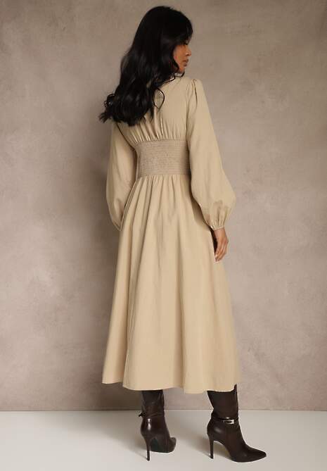 Beżowa Gorsetowa Sukienka z Wiskozą z Guzikami i Bufiastymi Rękawami Ahlite