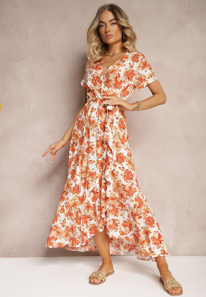 Pomarańczowa Rozkloszowana Sukienka z Wiskozy z Gumką w Pasie i Materiałowym Paskiem Vikllia