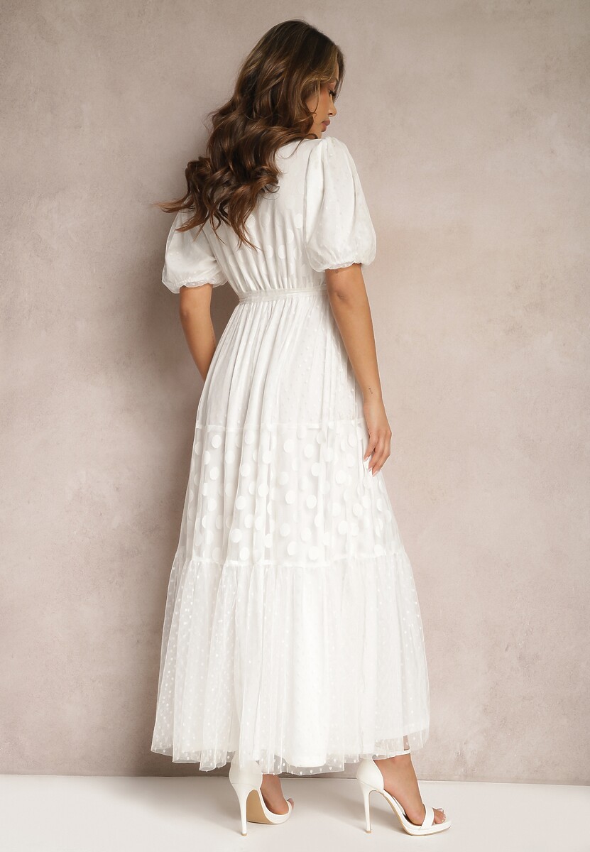 Biała Maxi Sukienka Tiulowa Rozkloszowana z Paskiem i Bufiastymi Rękawami Bervilla