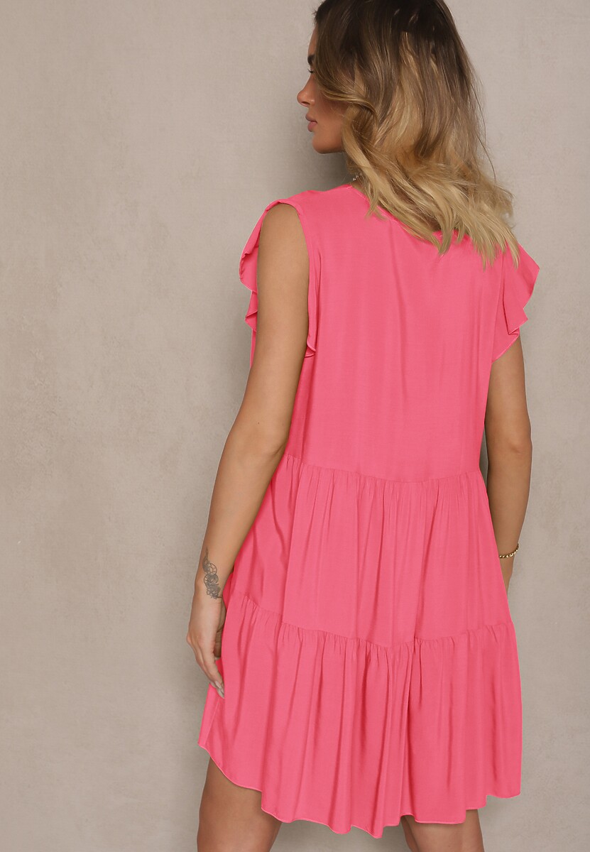 Różowa Bawełniana Sukienka Rozkloszowana z Falbankami Mirlio