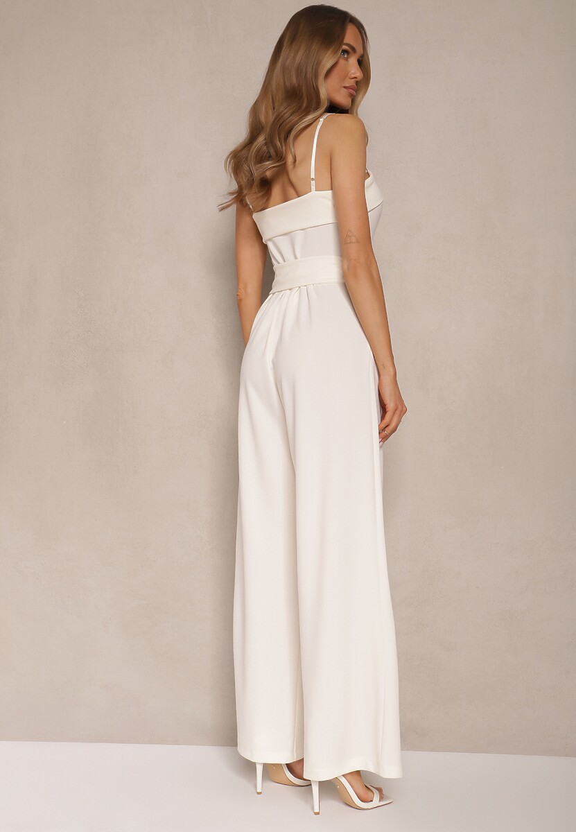 Jasnobeżowy Taliowany Kombinezon z Paskiem Desine