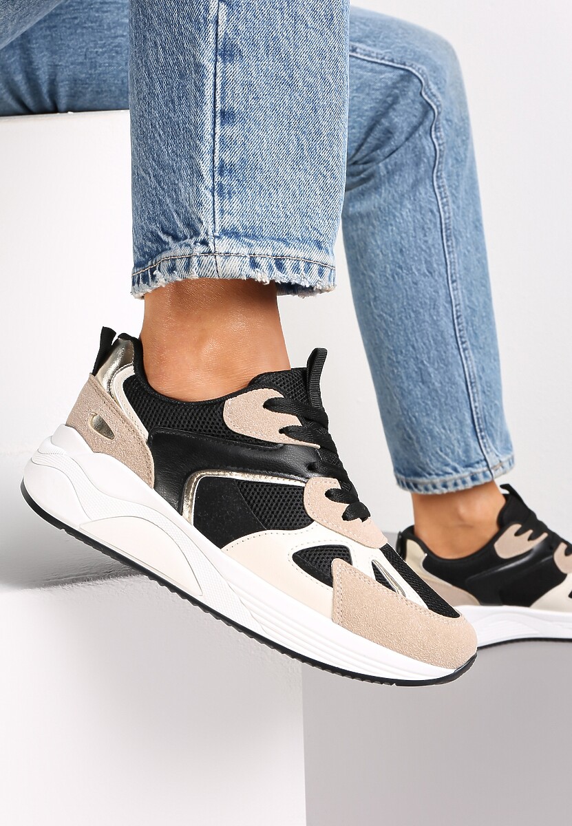 Czarne Sneakersy na Grubej Podeszwie z Ozdobnymi Wstawkami Faidneesi