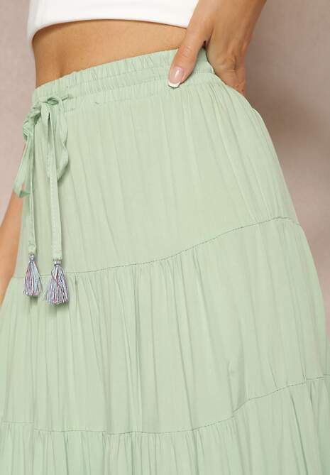 Zielona Wiskozowa Spódnica High Waist o Rozkloszowanym Kroju z Wiązaniem i Gumką w Talii Leceviana