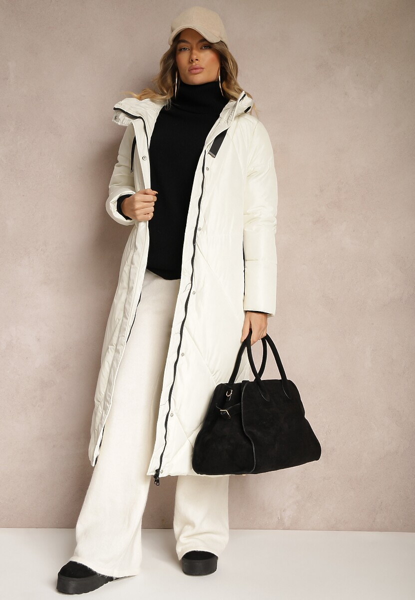 Biała Pudełkowa Kurtka o Długim Kroju z Pikowanymi Przeszyciami Kapturem i Kieszeniami Calatta