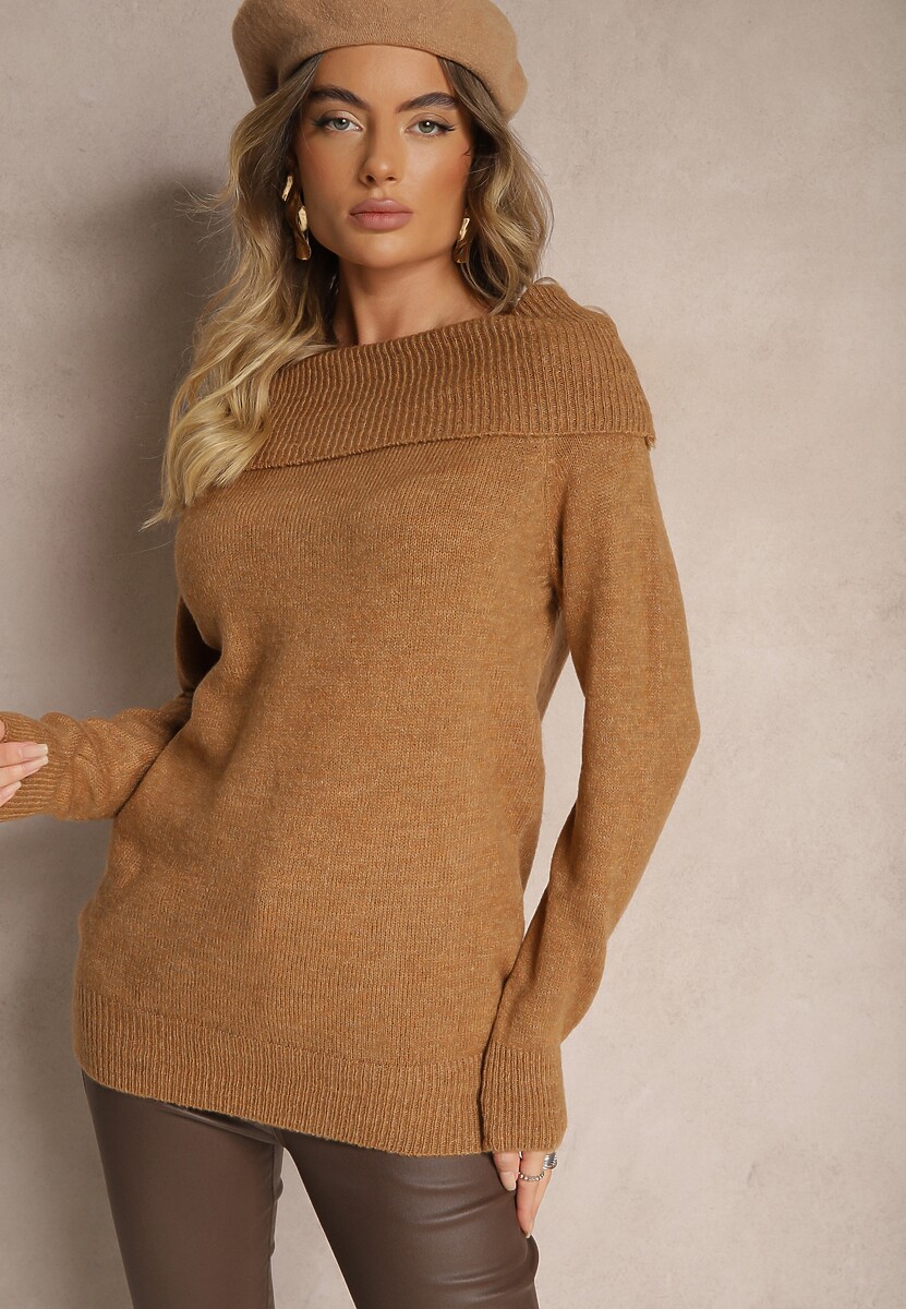 Brązowy Sweter z Dekoltem Opuszczonym na Ramiona Parila