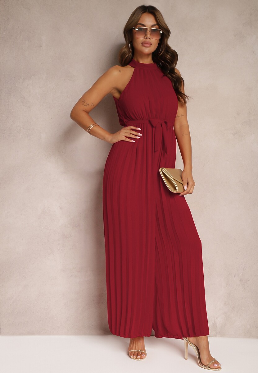 Bordowy Kombinezon z Dekoltem Typu Halter i Gumką w Talii Zolefia