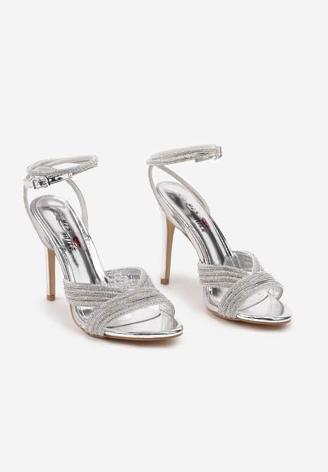 Srebrne Sandały na Szpilce z Cyrkoniami i Paseczkiem Wokół Kostki Irivane
