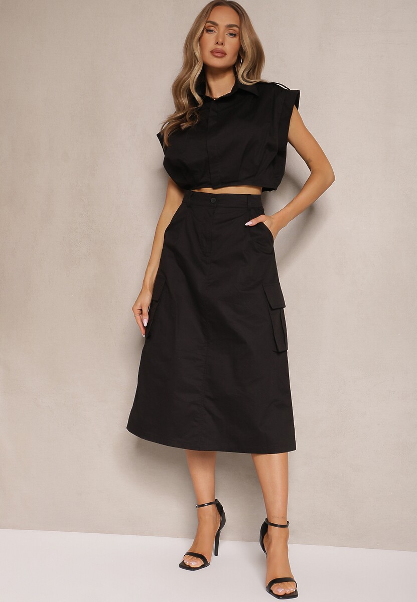 Czarny Komplet w Stylu Utility Koszula Cropped Bez Rękawów i Spódnica z Kieszeniami Notcha