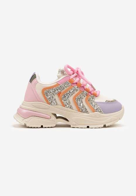 Beżowo-Fioletowe Sznurowane Sneakersy na Platformie Ozdobione Brokatem Ewla