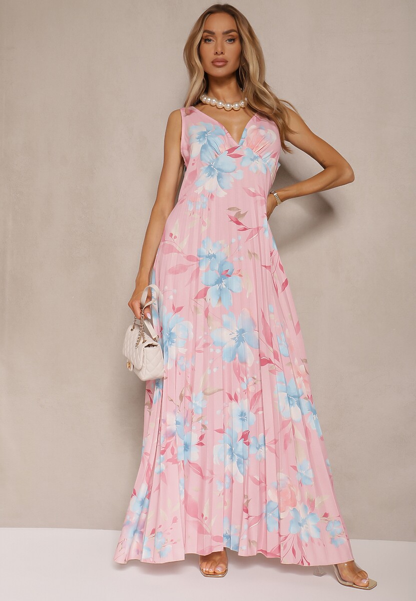 Żółta Plisowana Sukienka o Rozkloszowanym Fasonie na Szerokich Ramiączkach Nitanela