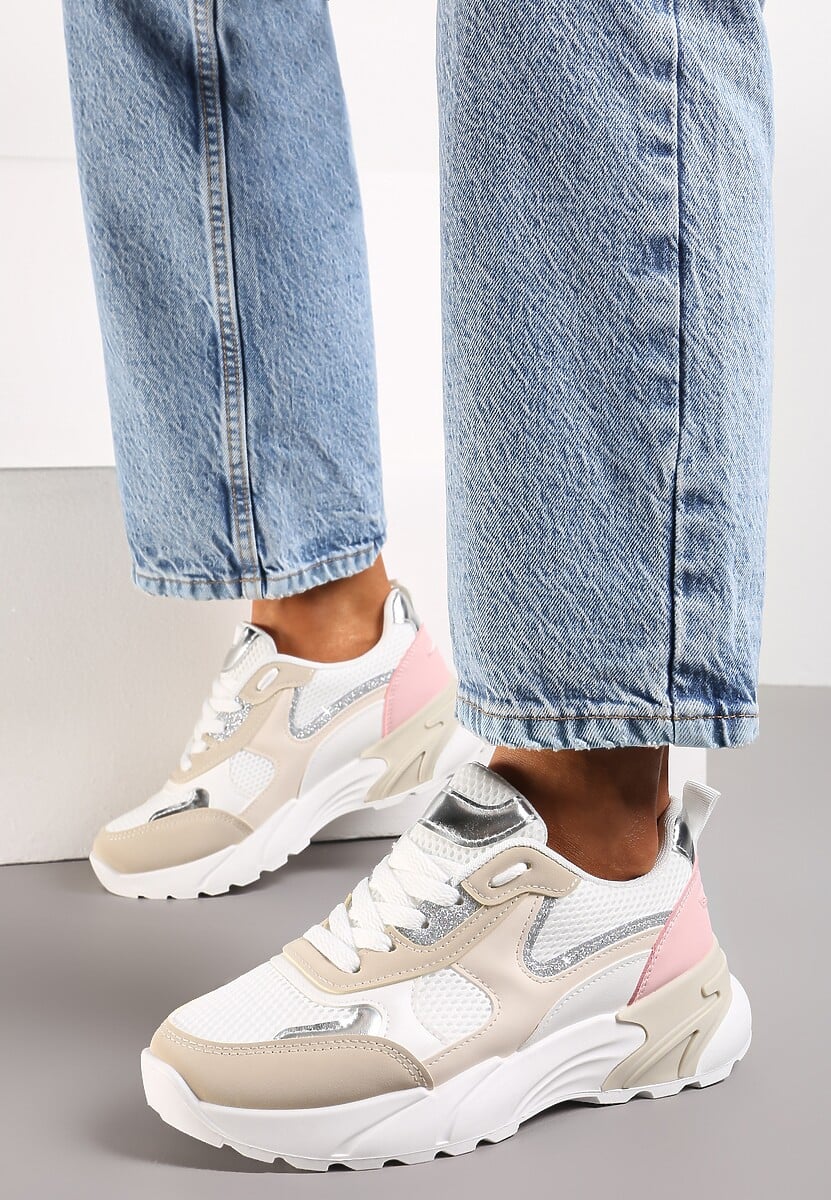 Beżowo-Białe Sneakersy z Metalicznymi i Siateczkowymi Wstawkami Efalia