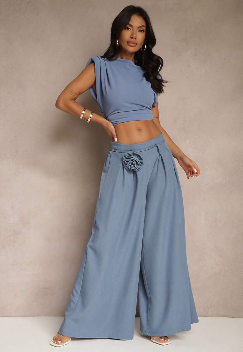 Niebieskie Spodnie Palazzo Ozdobione Broszką Kwiatem Lirace