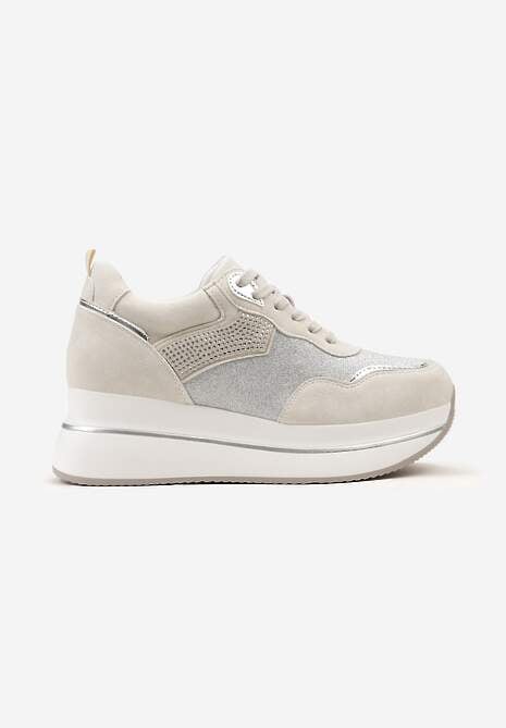 Beżowe Sneakersy na Platformie z Cyrkoniami na Boku Oarema