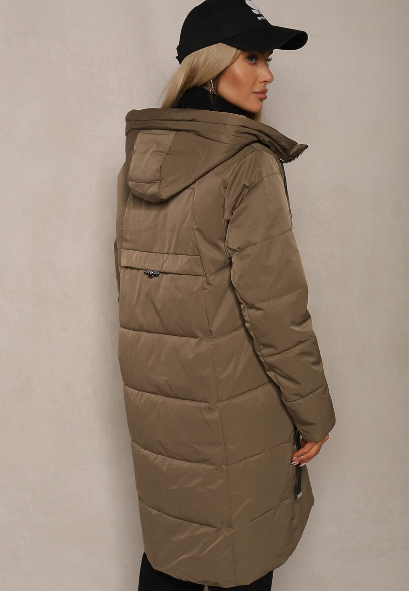 Ciemnozielona Kurtka z Pikowaniem o Prostym Fasonie z Kapturem Kieszeniami i Ozdobnym Suwakiem Mirimae