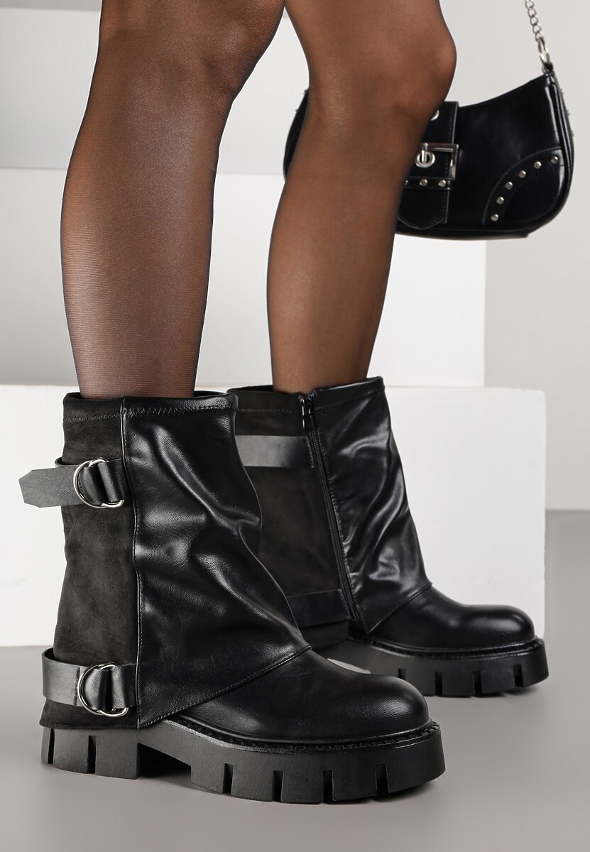 Czarne Botki na Platformie z Wywiniętą Cholewką i Paskami ze Sprzączkami Zevrina