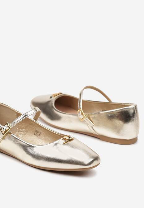 Złote Balerinki na Płaskiej Podeszwie z Paskiem i Metaliczną Aplikacją 3D Fenaria