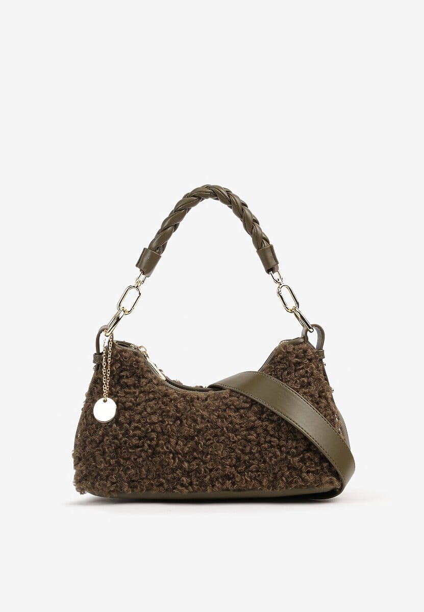 Brązowa Torebka na Ramię z Futerkiem Dodatkowym Paskiem i Breloczkiem Nevanira