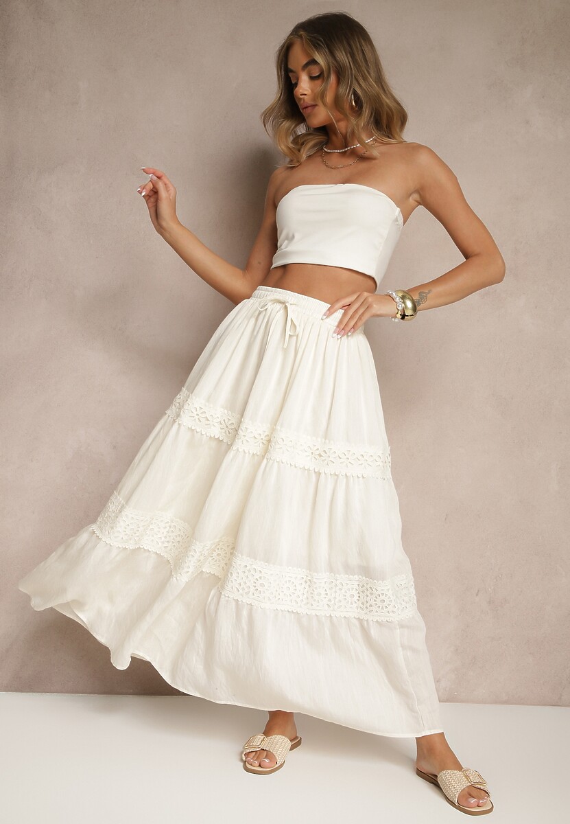 Beżowa Rozkloszowana Spódnica z Wiskozą Zdobiona Koronką Bannela