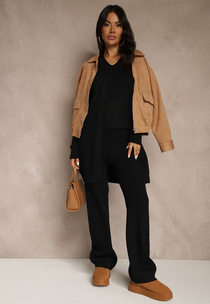 Czarny Komplet z Dzianiny z Bawełną Spodnie Kamizelka i Długi Kardigan Mevalinia