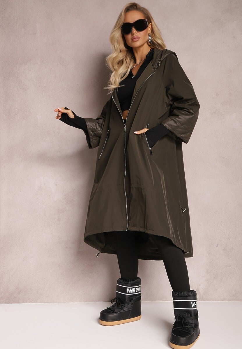 Ciemnozielony Płaszcz z Kapturem i Dłuższym Tyłem Kemiah