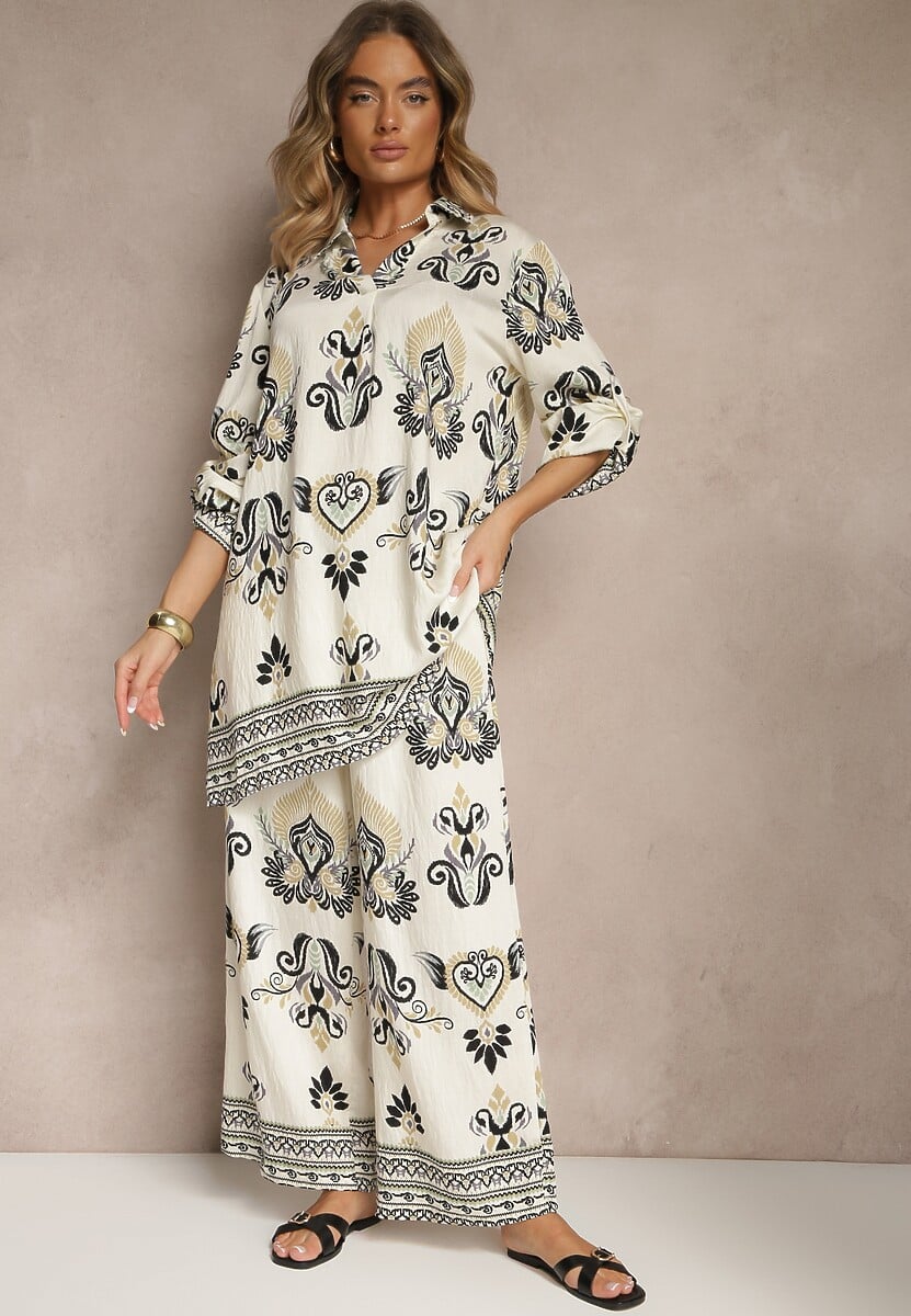 Beżowo-Czarny Komplet z Wiskozą Szerokie Spodnie i Bluzka w Stylu Boho Rinadora