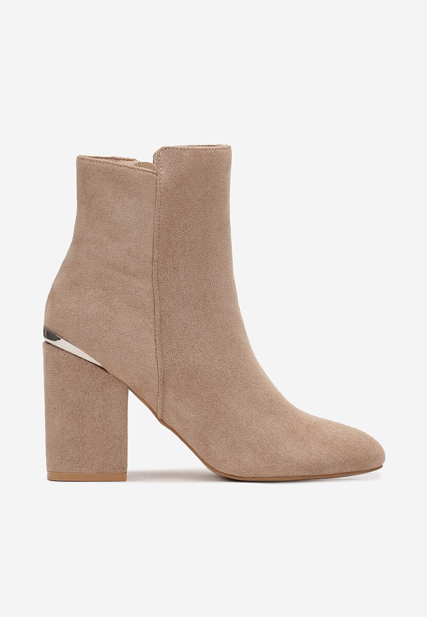 Ciemnobeżowe Botki na Obcasie z Imitacji Zamszu Giorgina