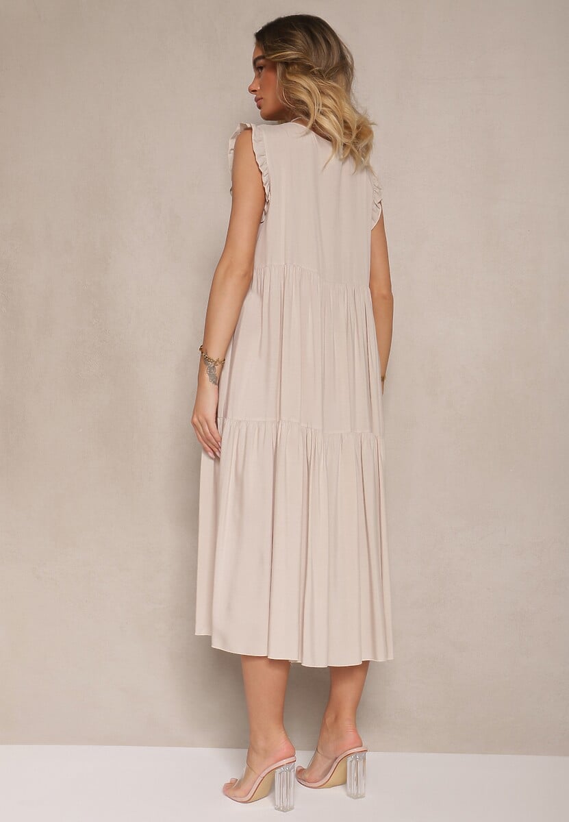 Jasnobeżowa Sukienka z Bawełny z Falbankami Hirlio