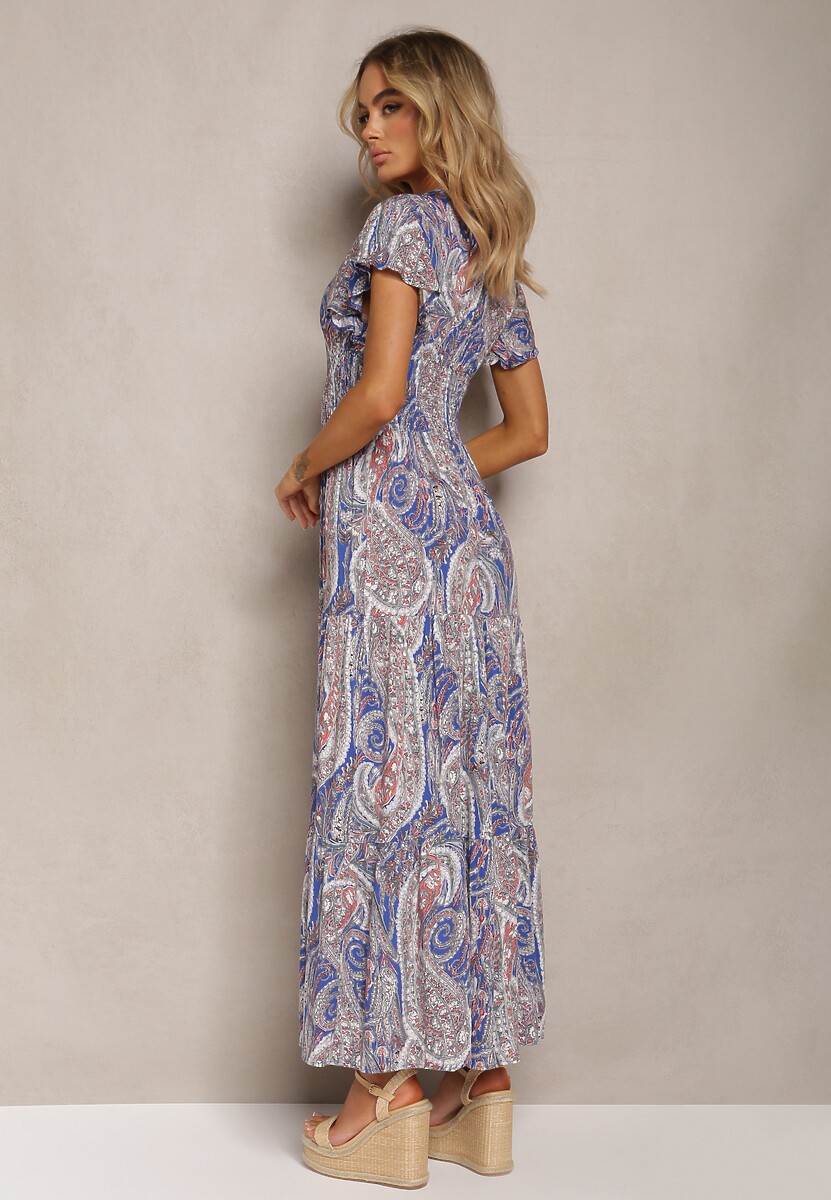 Granatowo-Beżowa Rozkloszowana Sukienka Maxi na Guziki Ozdobiona Etnicznym Wzorem Kleriala