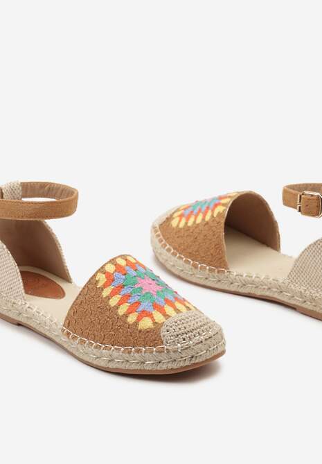 Brązowe Espadryle na Płaskiej Podeszwie Zapinane na Sprzączkę z Plecioną Podeszwą Laveda
