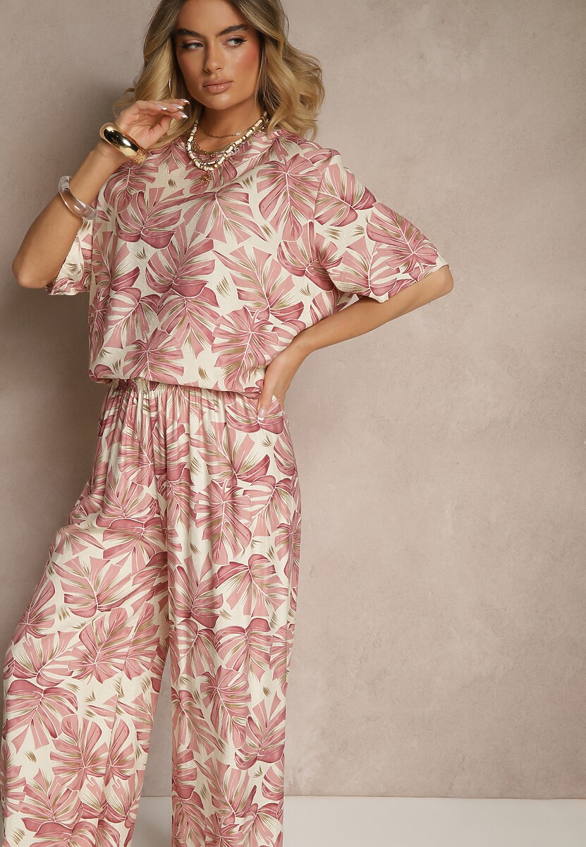 Szary Komplet z Wiskozy Zdobiony Roślinnym Printem T-shirt i Szerokie Spodnie Evialena