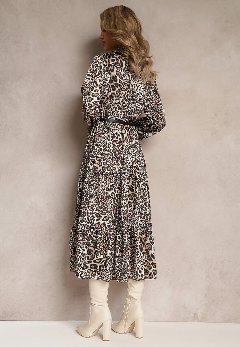 Brązowa Sukienka w Panterkę z Paskiem Antibrote