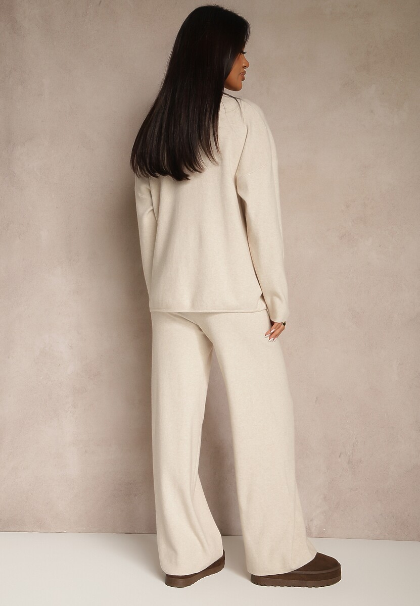 Jasnobeżowy Komplet z Dzianiny z Wiskozą Spodnie Wide Leg i Sweter ze Zdobieniami Miomea