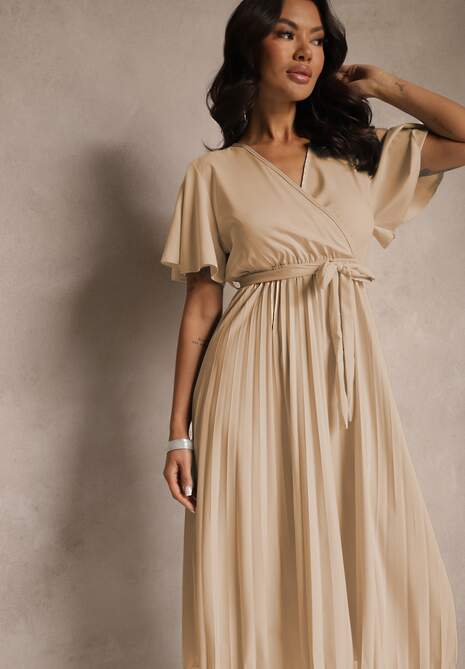 Ciemnobeżowa Sukienka Wiązana w Talii z Plisowaniem na Dole Dorseki
