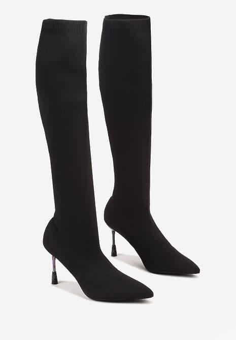 Czarne Skarpetkowe Kozaki Vices na Ozdobnym Obcasie z Cyrkoniami Nilritisa