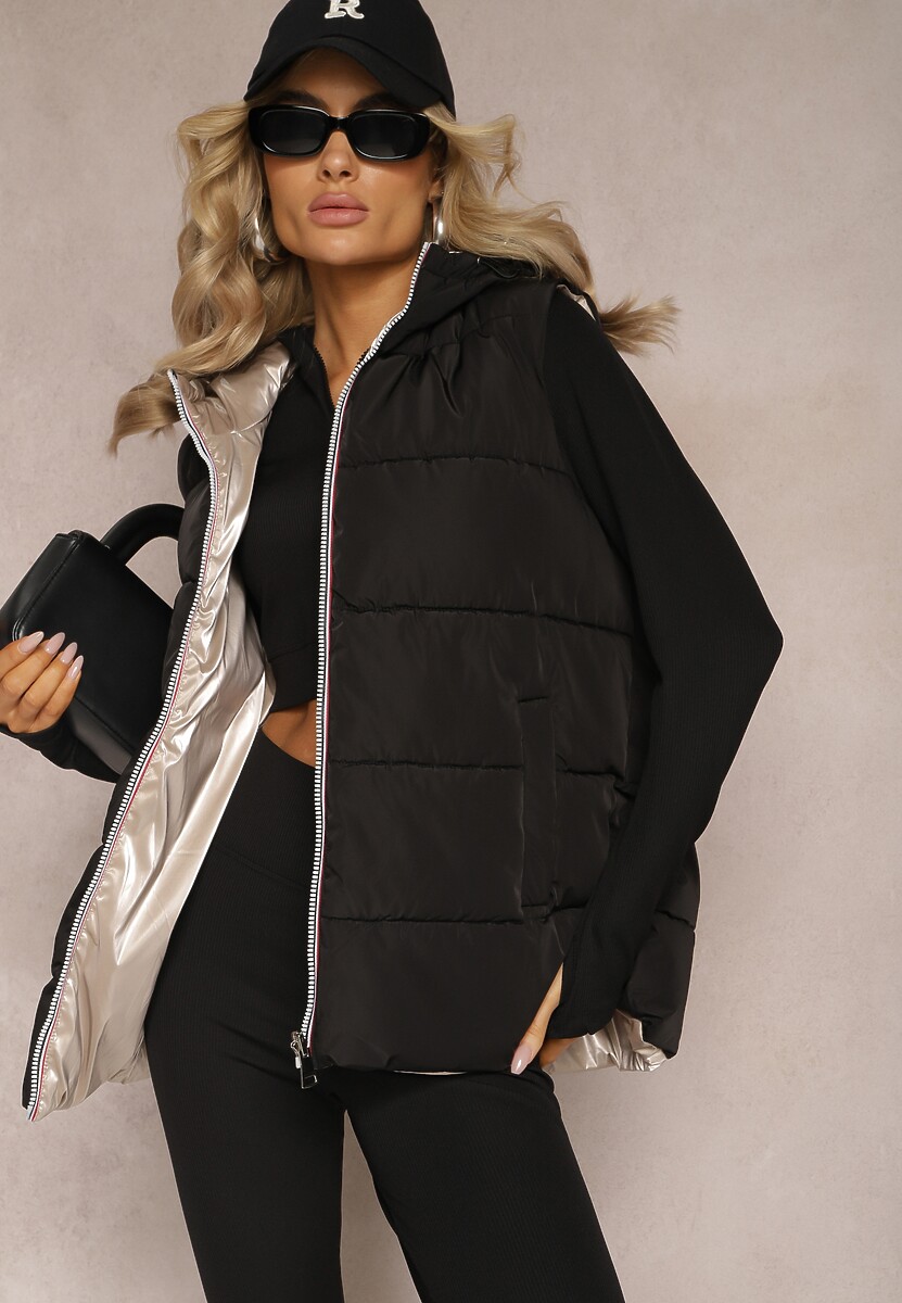 Czarna Dwustronna Kamizelka z Kapturem Zelini