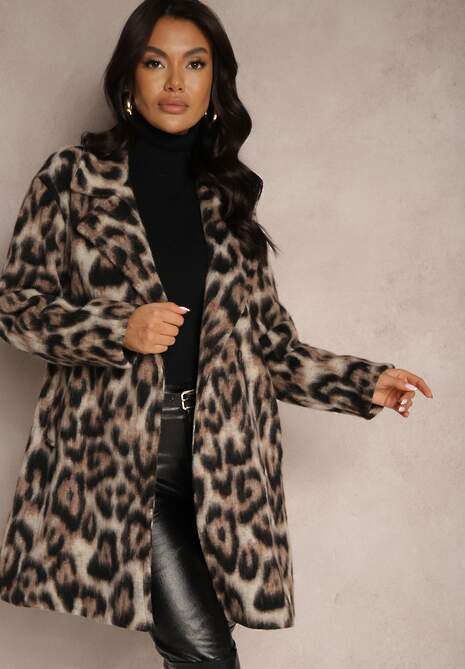 Brązowy Panterkowy Płaszcz Dwurzędowy z Wsuwanymi Kieszeniami Niarelith