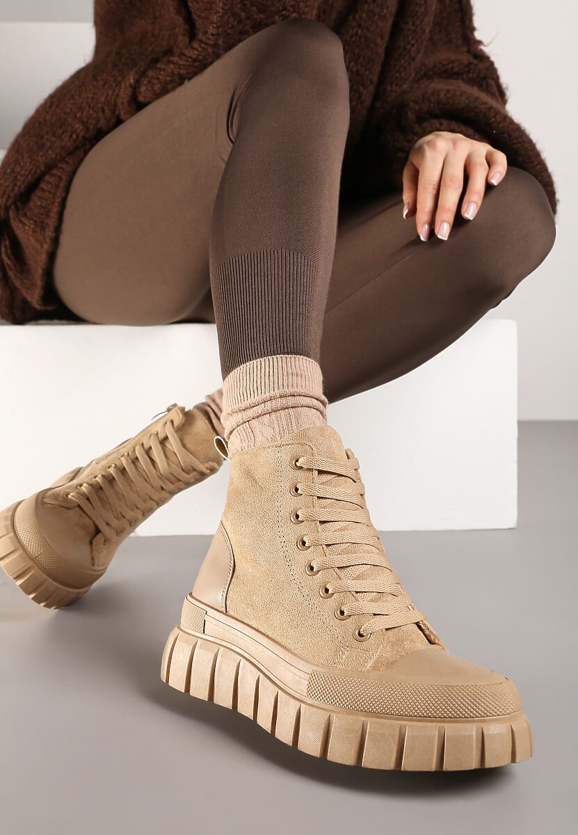 Ciemnobeżowe Botki za Kostkę na Platformie Viuan