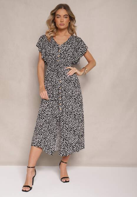 Czarna Rozkloszowana Sukienka z Bawełny z Gumką w Pasie w Drobne Kwiaty Pulinea