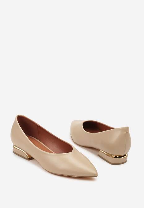 Beżowe Czółenka Vices ze Skórzaną Wkładką na Niskim Obcasie ze Zdobieniem Dakene