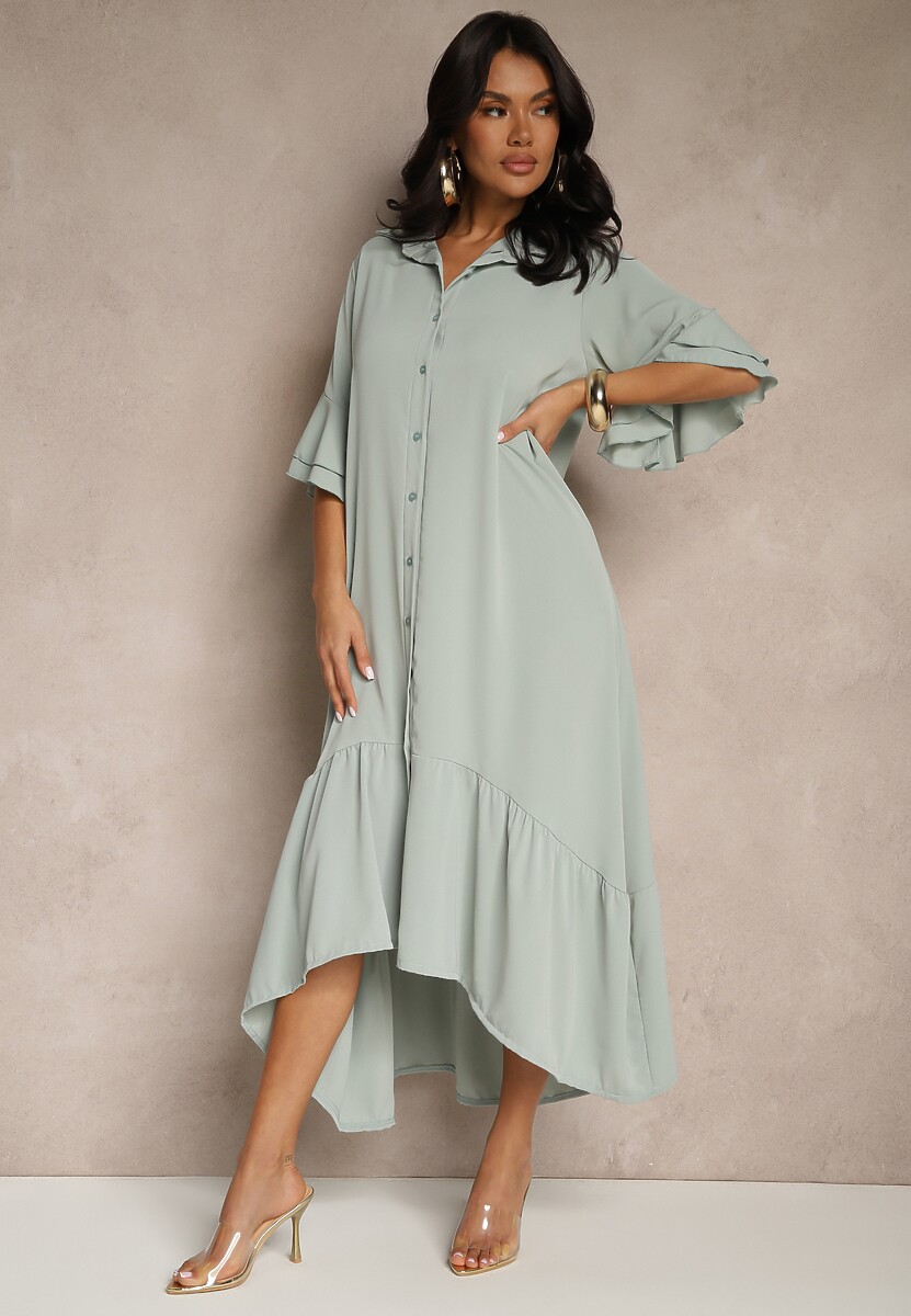 Beżowa Koszulowa Sukienka Ozdobiona Falbanką Ransara