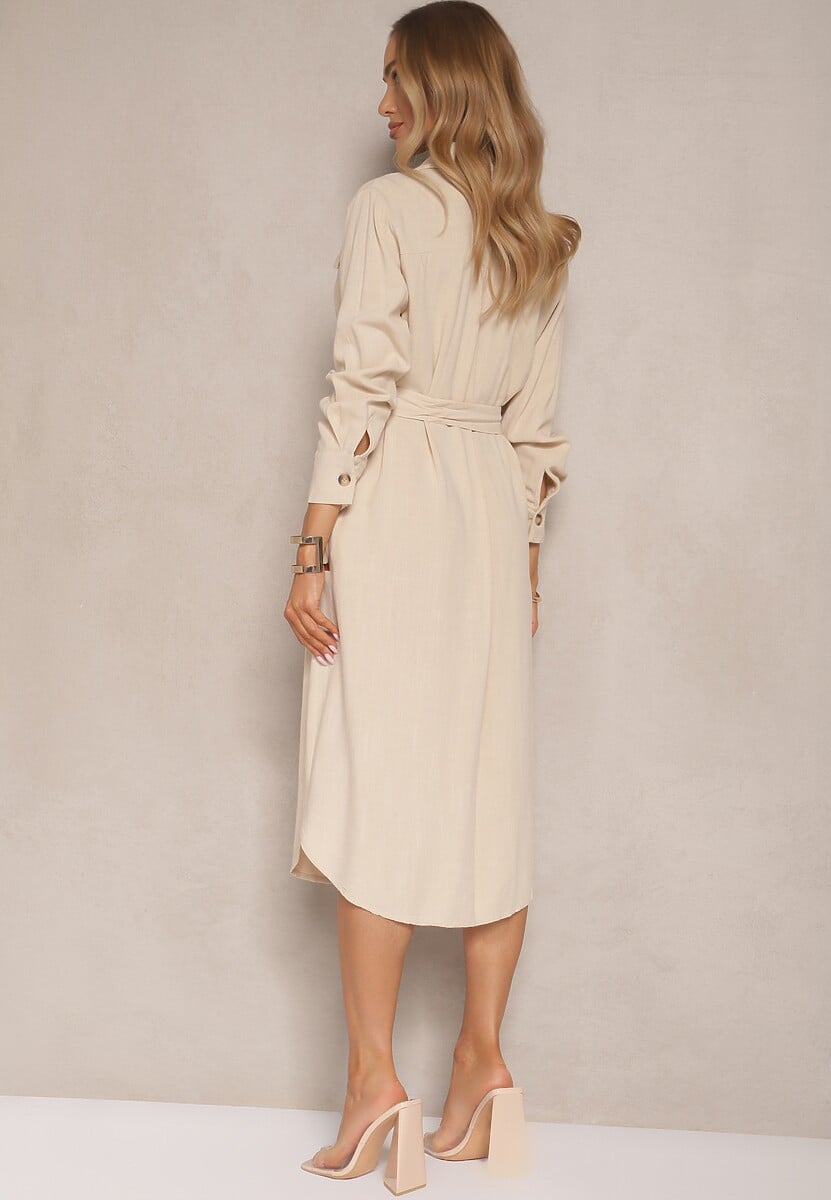 Beżowa Sukienka z Bawełny o Koszulowym Kroju Wiązana w Talii Zinrose