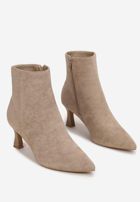 Ciemnobeżowe Botki na Niskim Obcasie ze Szpiczastym Noskiem Rila