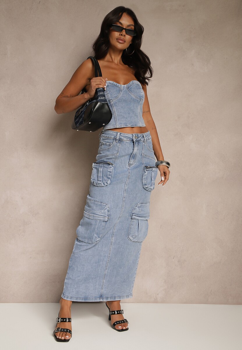 Jasnoniebieska Ołówkowa Spódnica Maxi z Bawełny z Kieszeniami Metrima