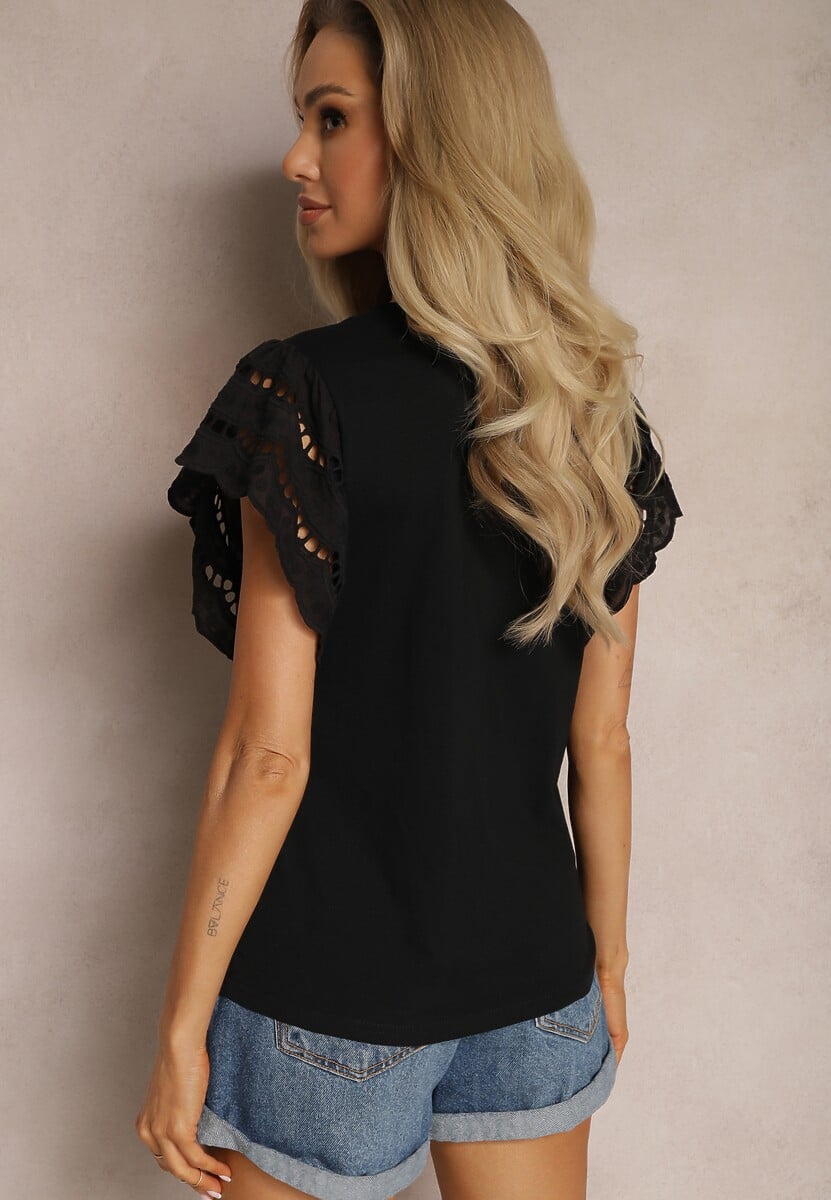Czarna Bluzka ze Zwiewnymi Ażurowymi Rękawami Azurinea